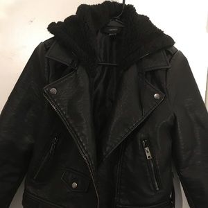 Faux leather & fur jacket with detachable hood